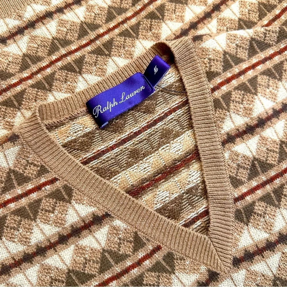 Ralph Lauren Purple Label Tan Multi Fair isle  Geometric V-Neck Sweater Vest